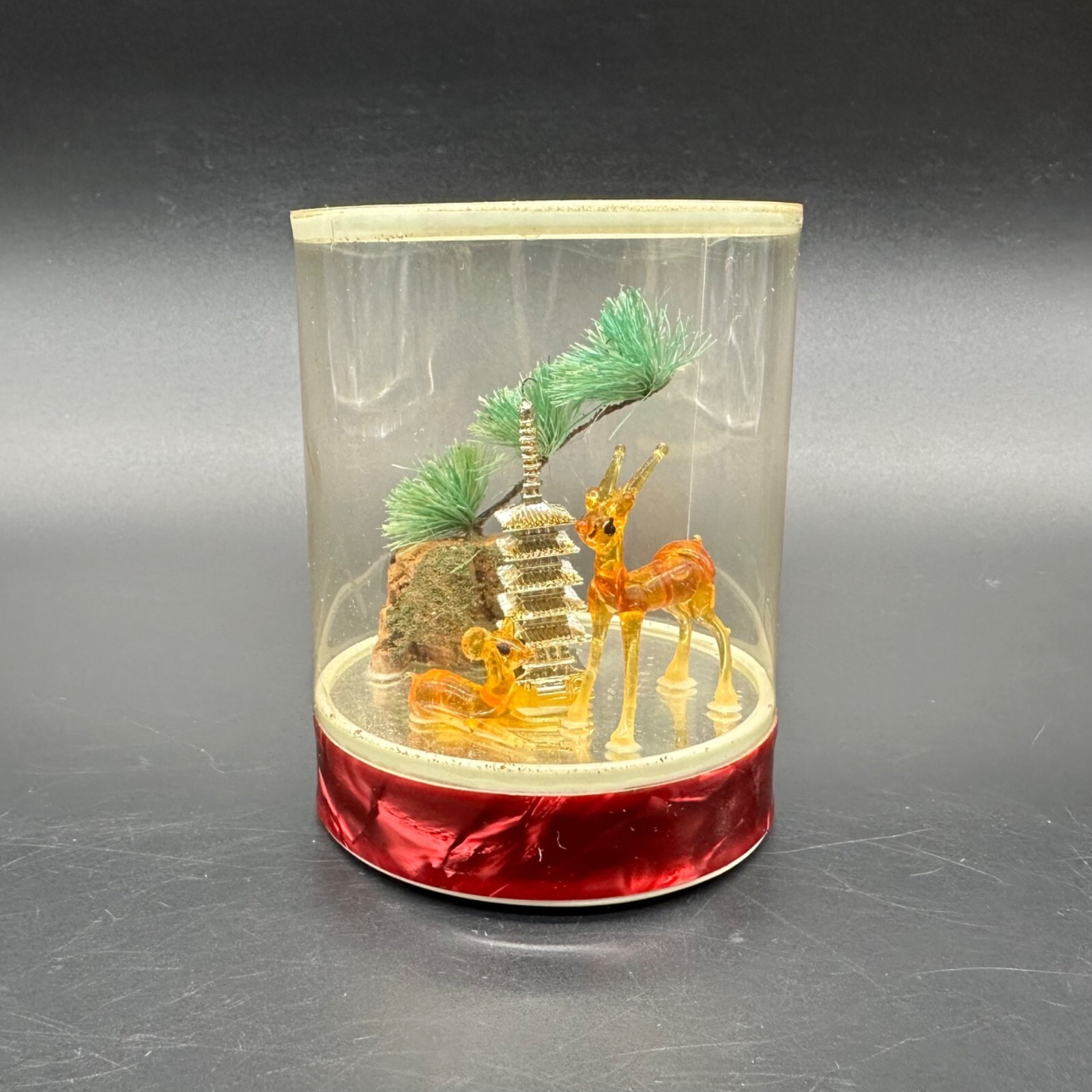 Vintage 1960s Diorama Plastic Deer Tree Pagoda Japanese Style Mid Century Kitsch