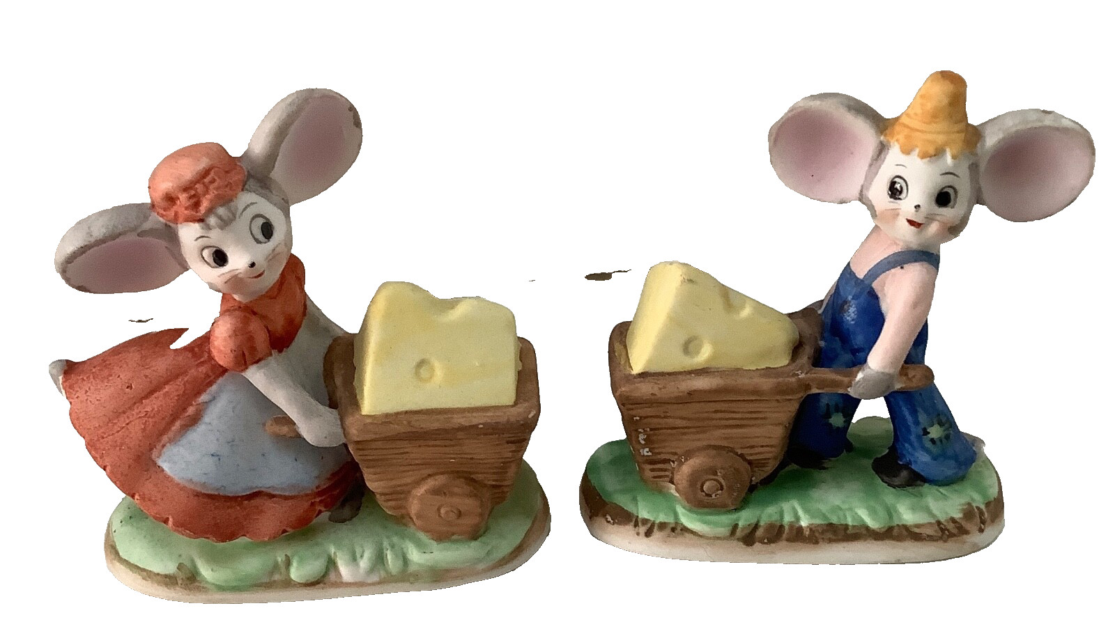 Lefton Country Mouse Figurines Carts Full of Cheese Big Ears Boy Girl Porcelain