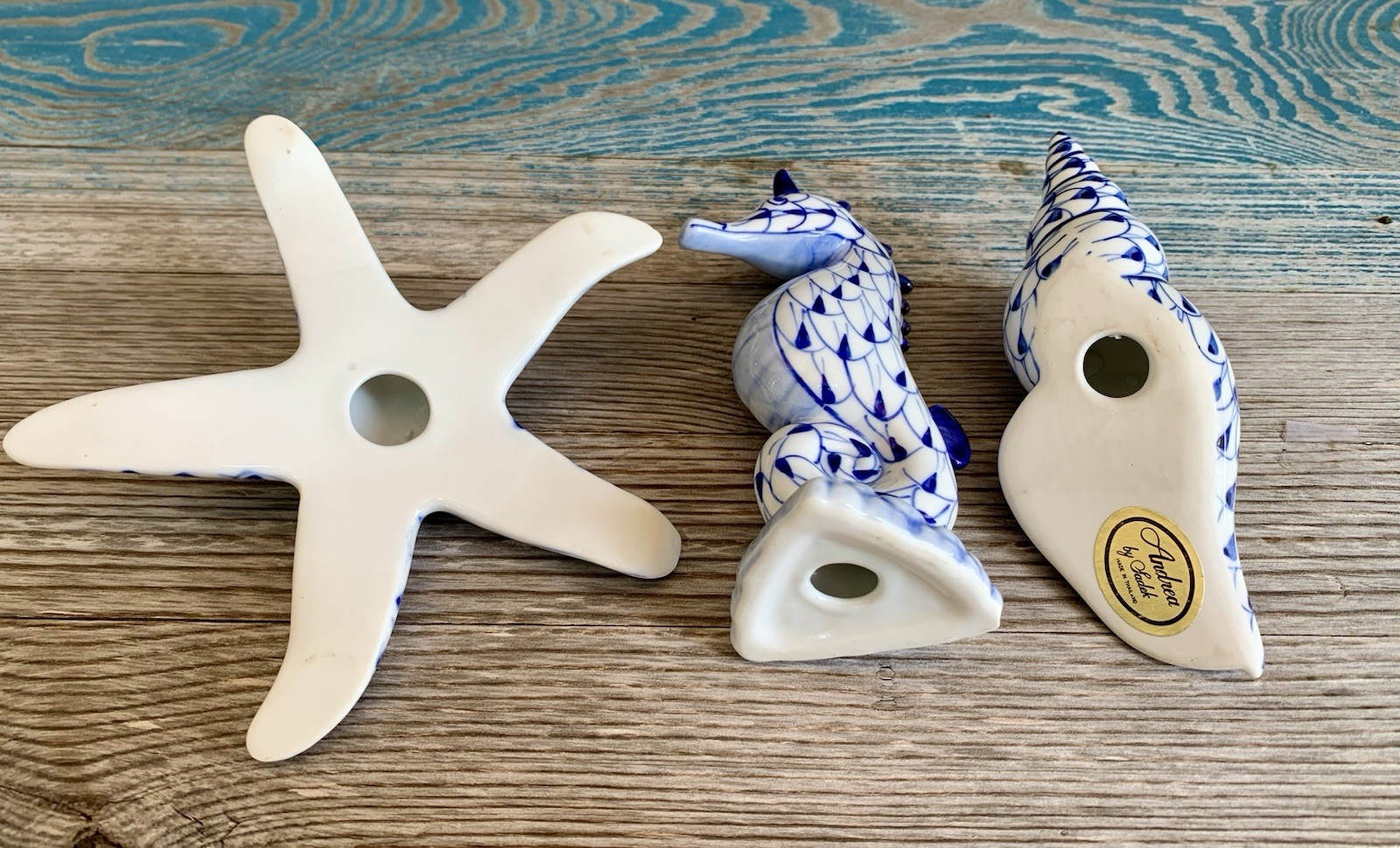 Andrea by Sadek Blue & White Fishnet Porcelain Seahorse, Starfish, Conch Shell