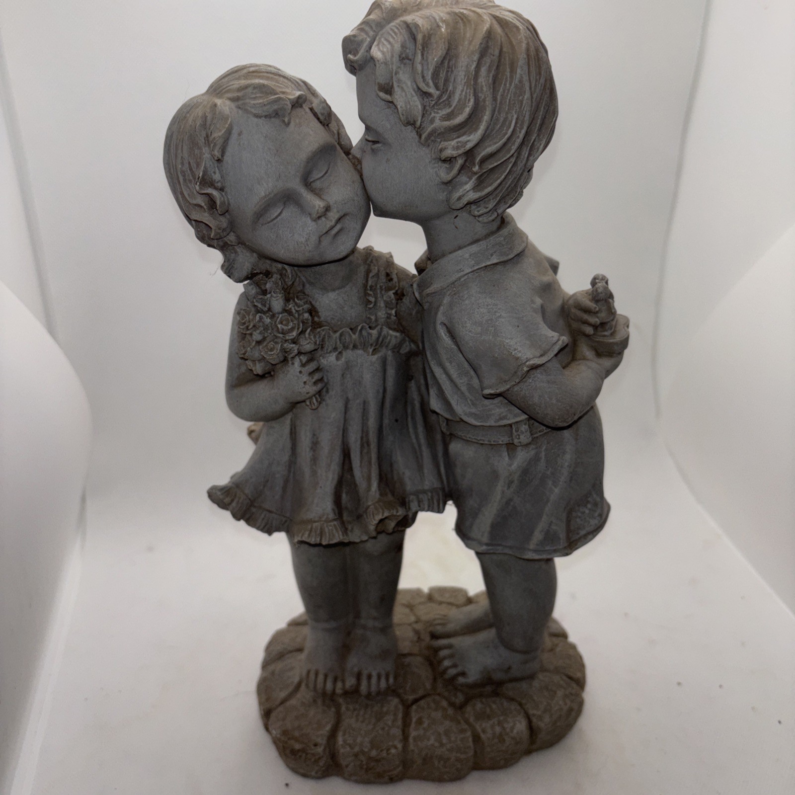 Resin Girl And Boy Figurine Statue 12 1/2 Inches Tall. Kissing. Flowers.