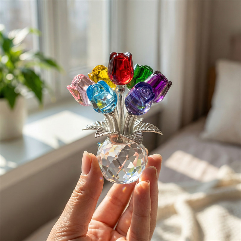 Crystal Colorful Rose Flower Collectible Figurine With Vase Rose Bouquet Floral