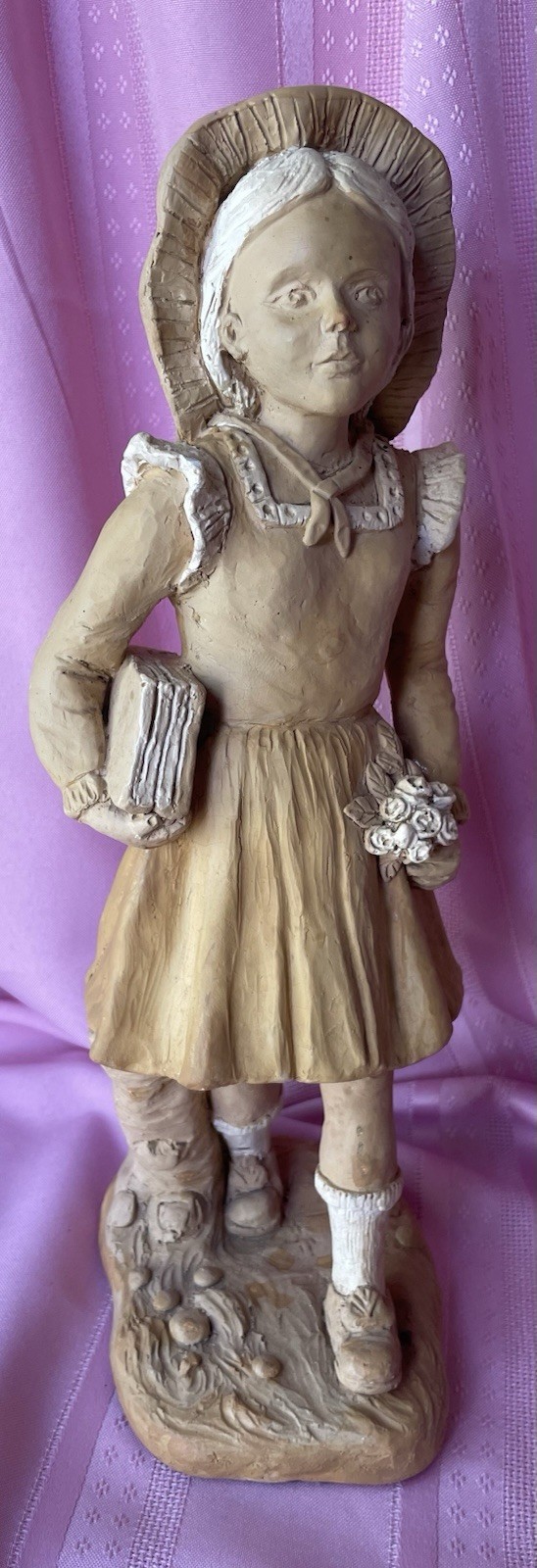 Clay Figurine Girl w/Books & Flowers 1979 Florentine Studio