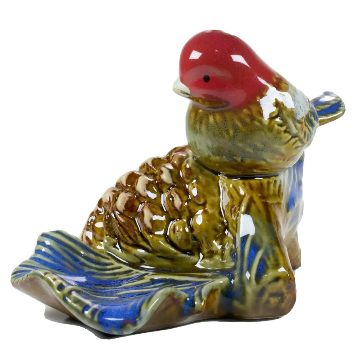 Colorful Redhead Bird on Pinecone Figurine Ring Holder Birder Gift Shiny Ceramic