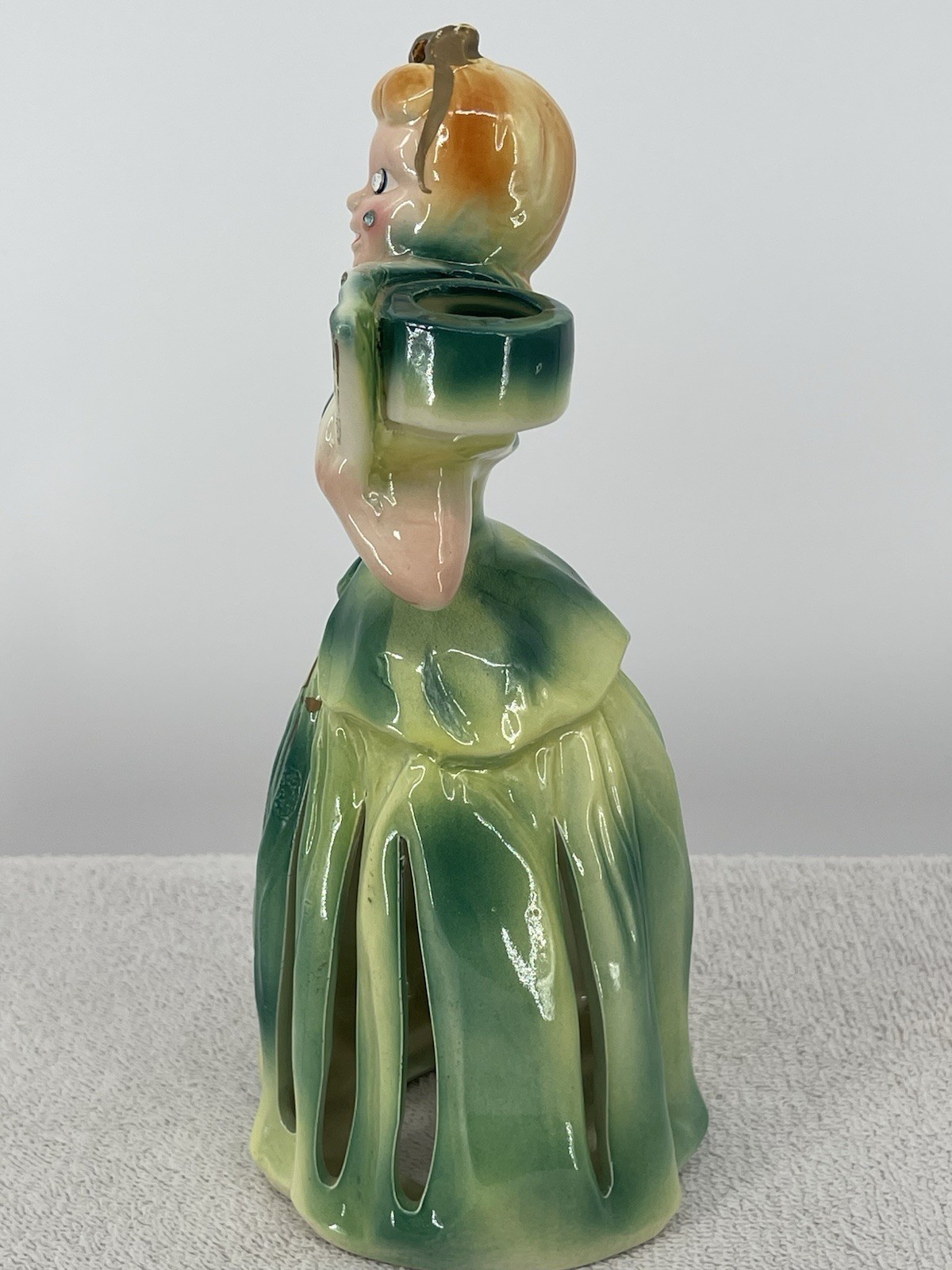 VTG 50’s Ceramic Kreiss Napkin Lady Green Dress W/ Fan & Candle Holder 9” Tall