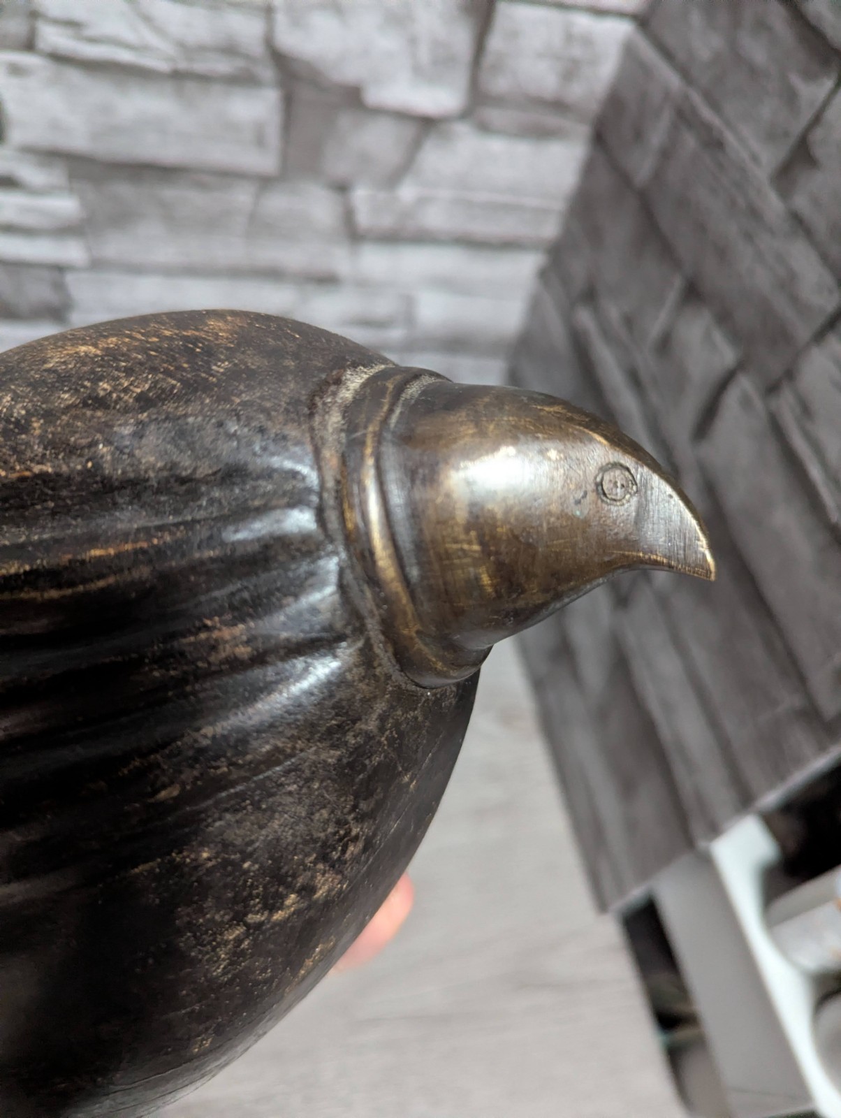 5.5″x10″ Carved Wood w/Brass Metal Head Bird Folk Art Animal Sculpture Totem