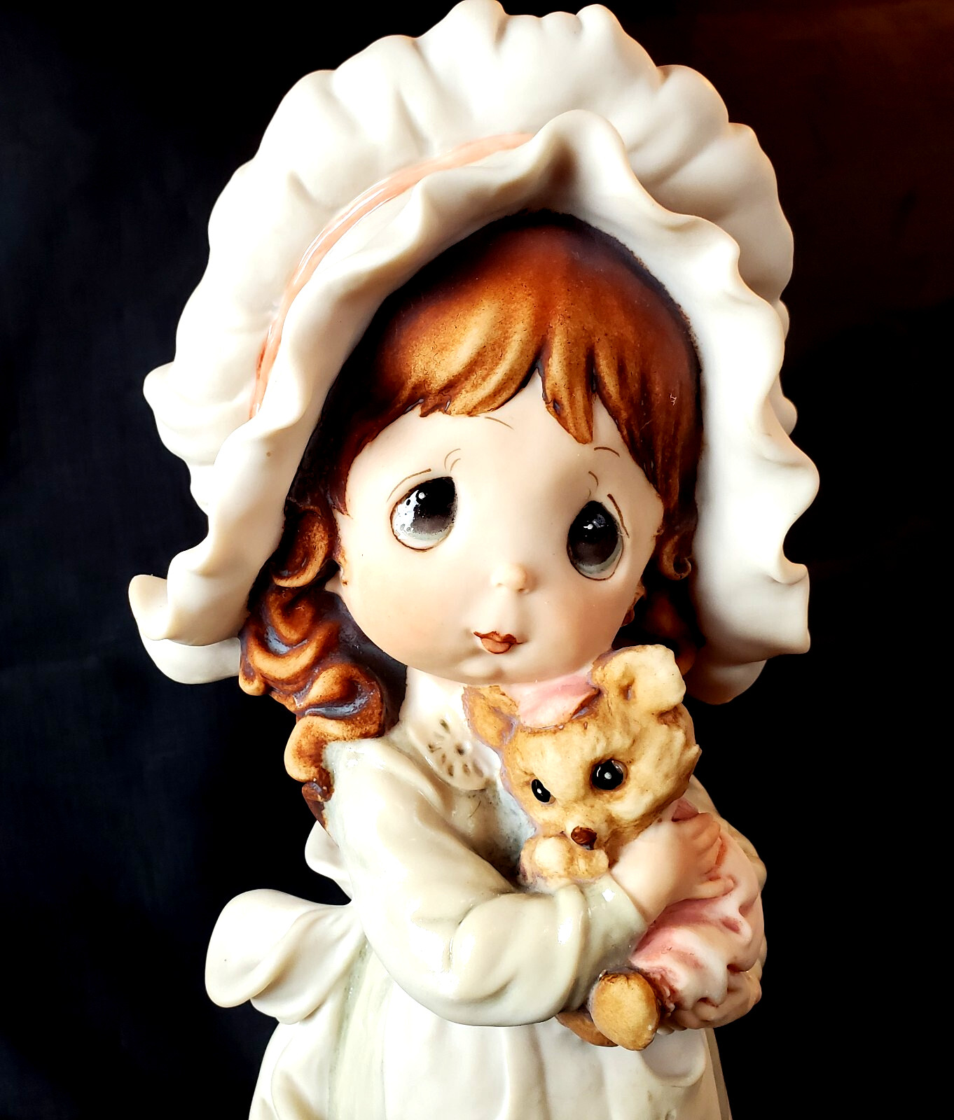 G. Armani Girl in Sleep Bonnet w/Bear 1984 Precious Memories Look Heavy 13.75″ H