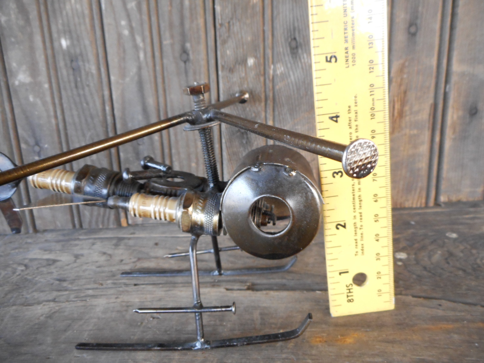 Helicopter Recycled Metal Spark Plug Nail Helicopter Figurine Hand Made Used