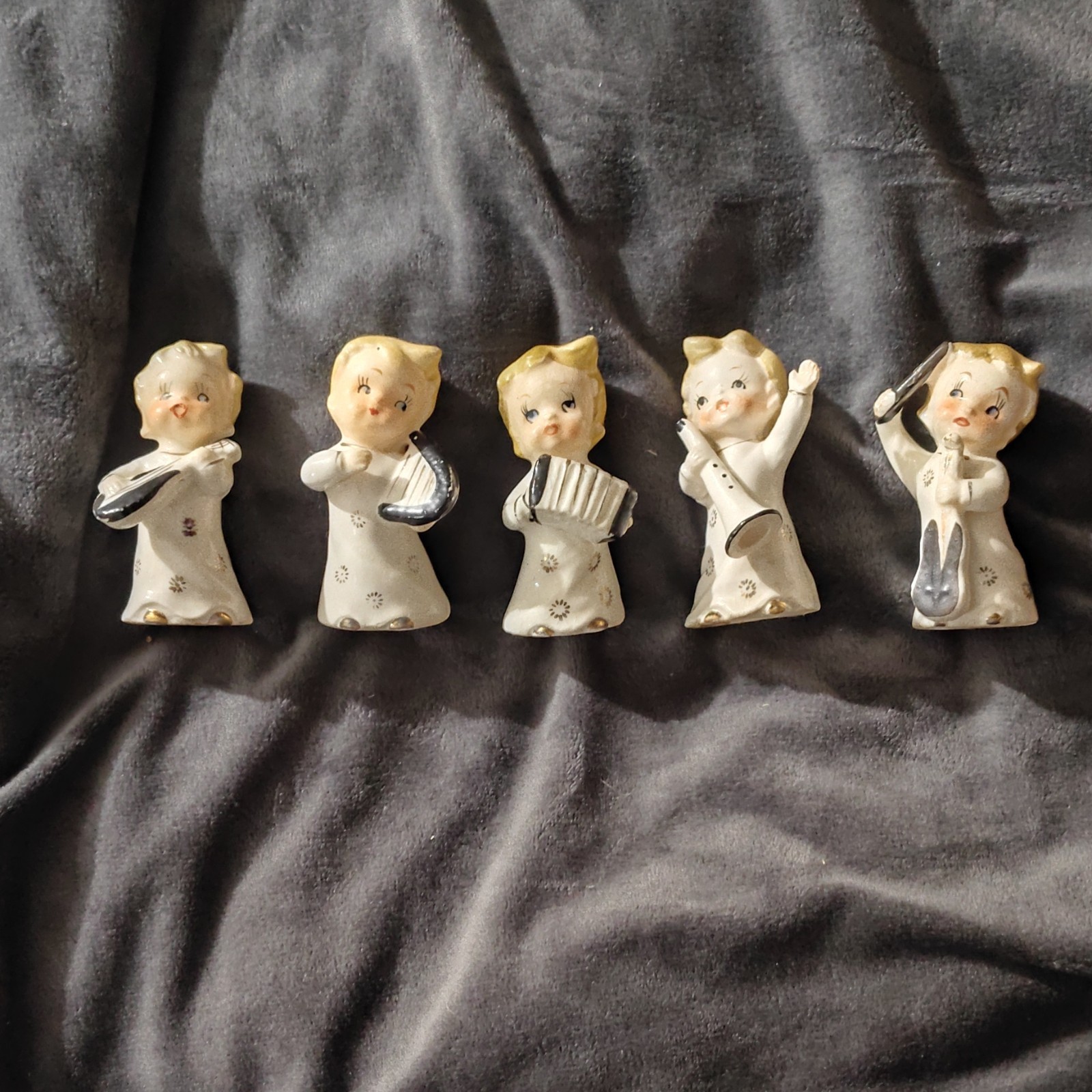Ceramic Girl Musician Figurines Lot of 5, Glazed White/Black/Gold, Music Theme