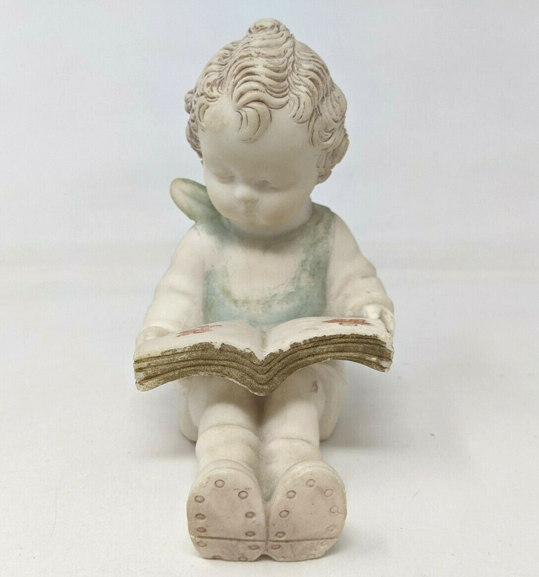 VTG Bisque Ceramic Sitting Child Kid Reading Flower Picture Book Figurine HR21
