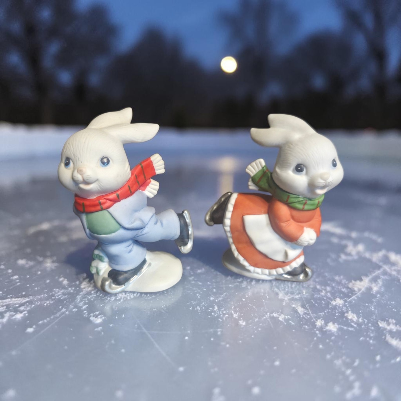Vtg Christmas Pr HOMCO Figurines Ice Skating Girl Boy Bunnies 4″ Winter Decor