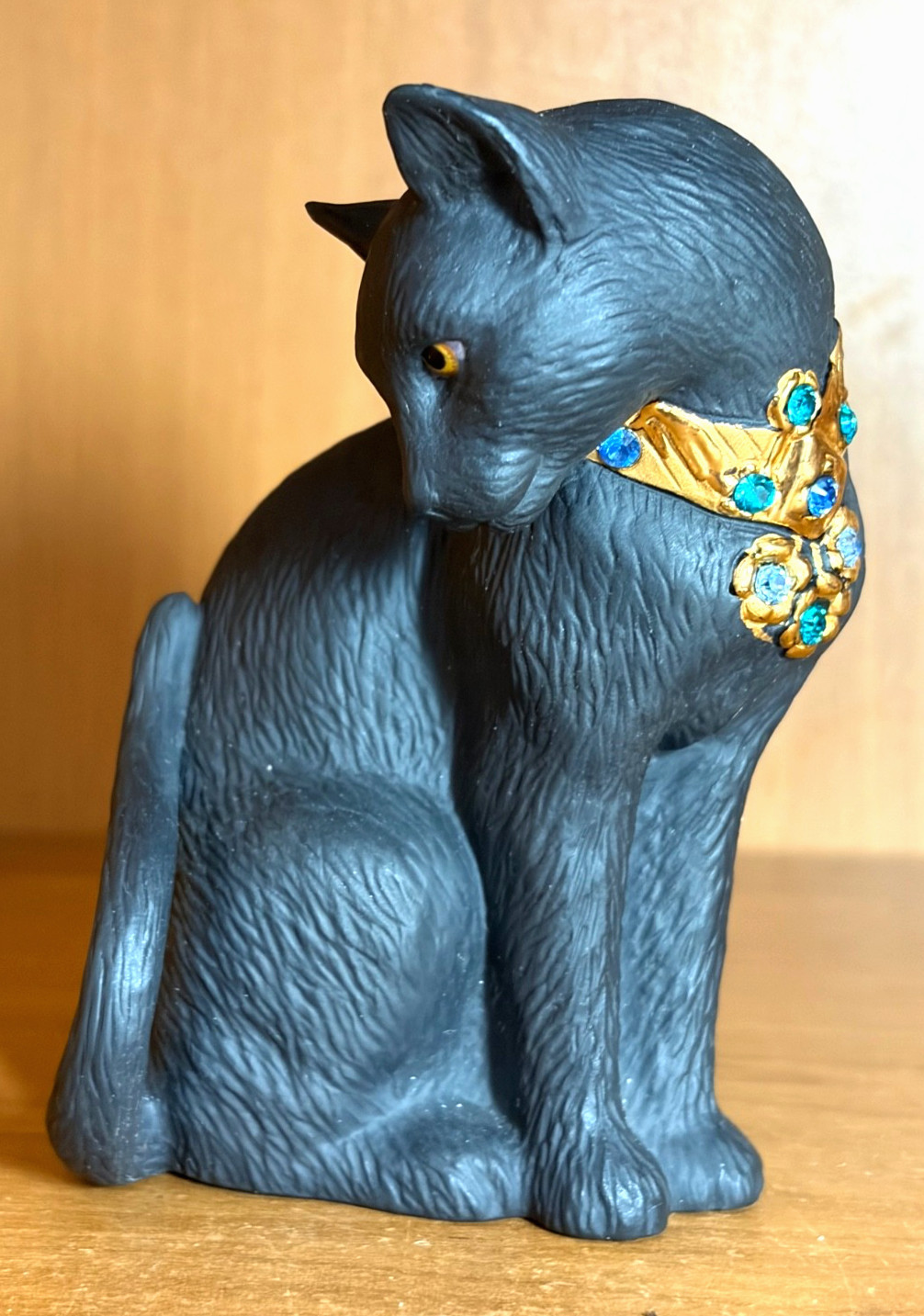Vtg LENOX “MOONLIGHT ALLURE” Jeweled Gold Trim Black Matte Cat Figurine 4″H