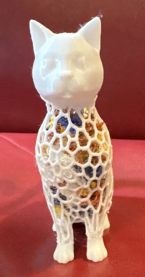 White & Multicolor Cat Figurine, Plastic Abstract Pattern, 3D Effect