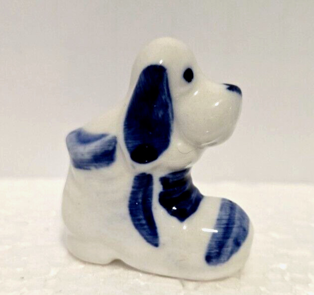 Vintage Blue Delft Ceramic Dog in Shoe Hand Painted 1.25 in x 1.25 in