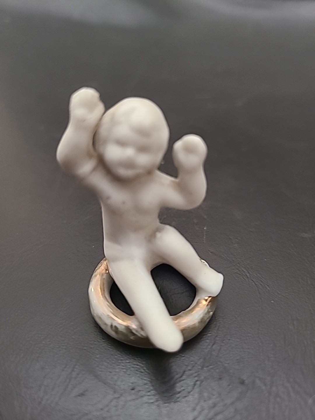 Vintage Bisque Cherub Figurine on Gold Ring — Early 1900s, Missing Wings