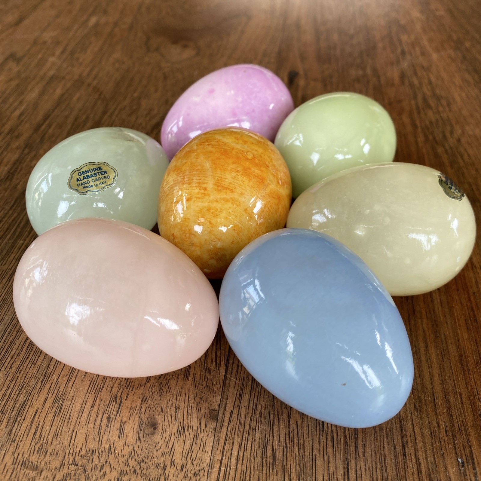 7 Genuine Alabaster Easter Eggs Hand Carved 2.25” Tall Multicolors Made in Italy