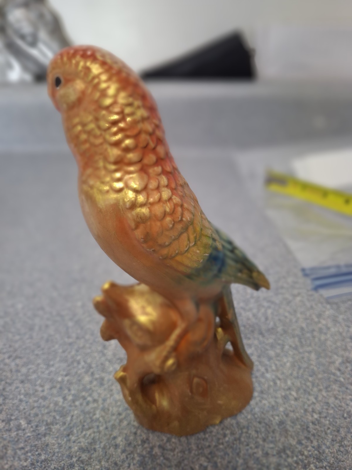 Vintage 7 1/2” Parrot Ceramic Green Orange Yellow Bird Branch Norleans Japan