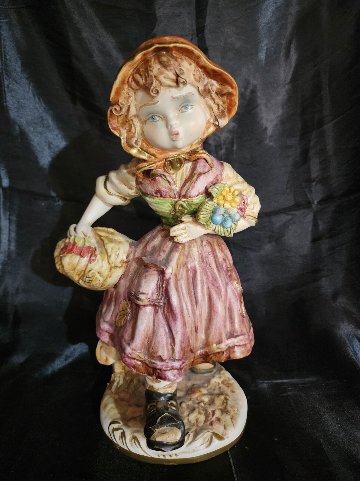 Vintage Capodimonte Italian Peasant Girl Carrying Flowers Figurine, 13 1/2″ Tall