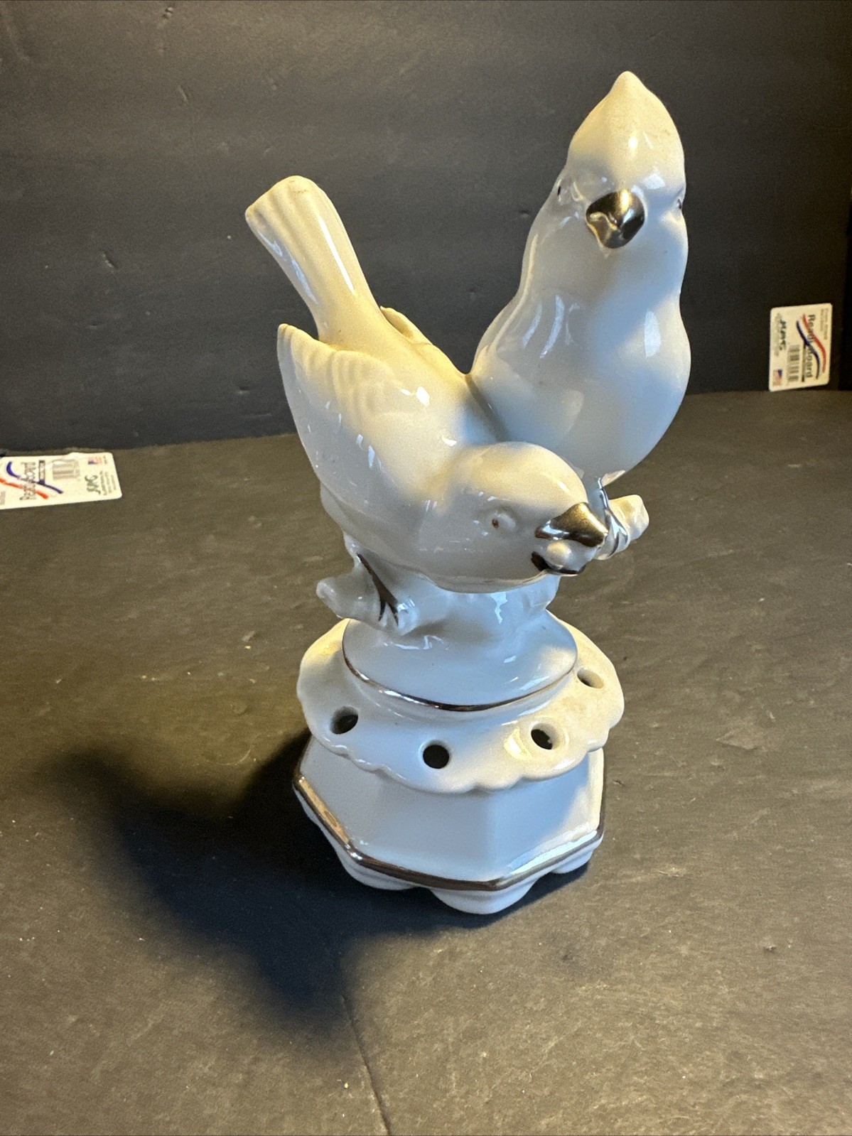 VTG. DRESDEN Porcelain White & Silver Flower Frog Figurine 8 holes w/Birds #R68
