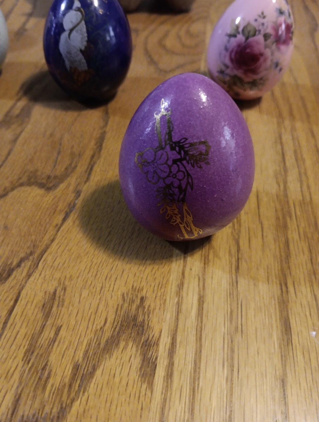6 Painted Porcelain Eggs 2000- 2001. Flowers,Indians, Buffalo, Cranes