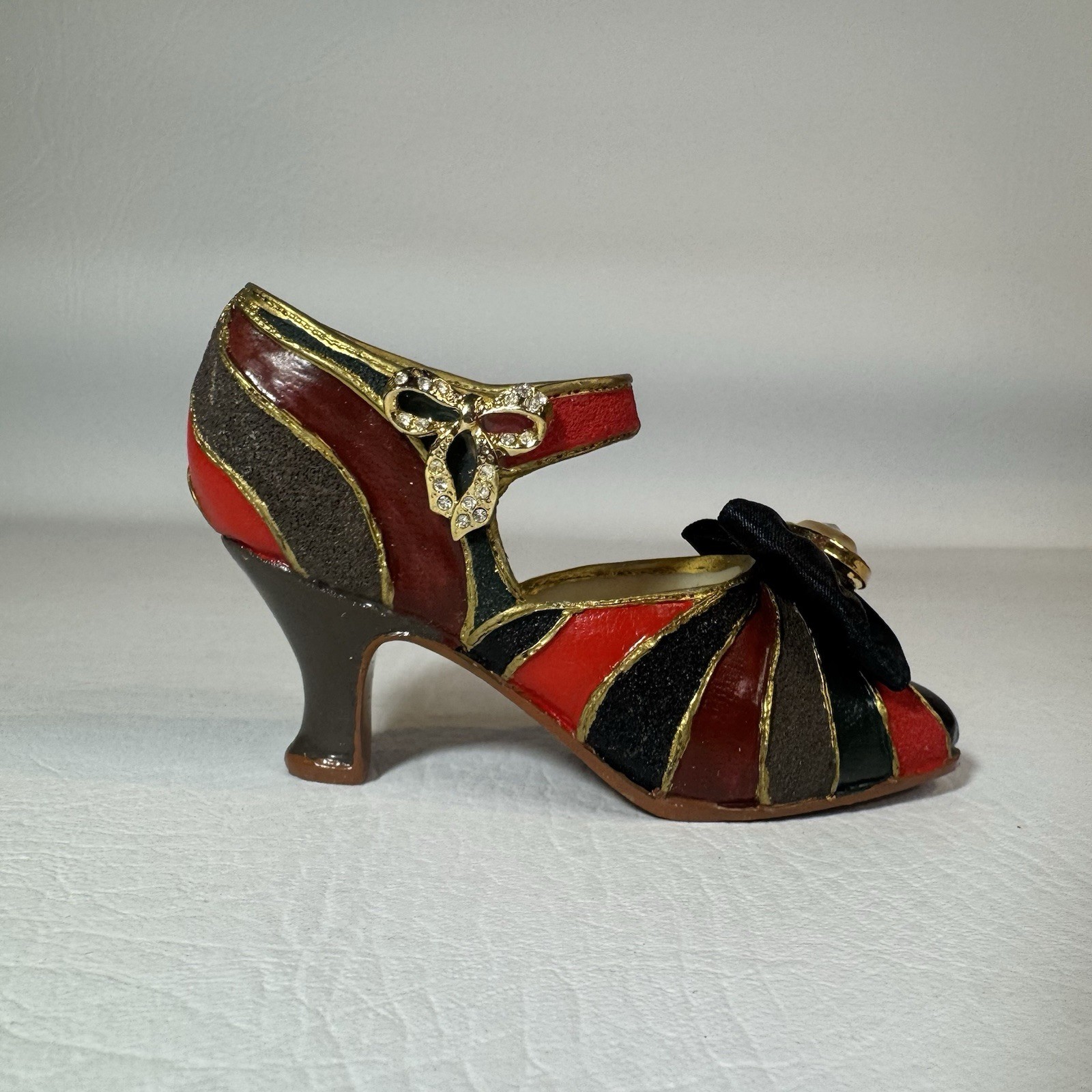 Decorative Miniature High Heel Shoe Figurine Patchwork Bow Rhinestone Decor