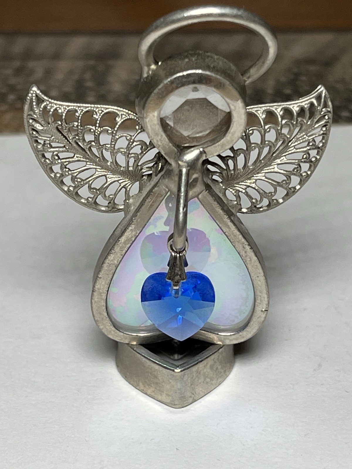 Vintage Birthstone Angel March Blue Heart Metal Glass Aquamarine 2-1/4”