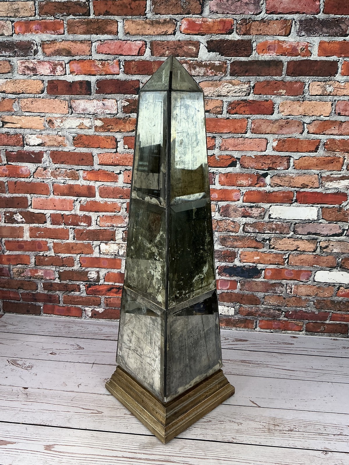 Large Vintage Style Antiqued Mirrored Obelisk Sculpture Wood Base Decorative