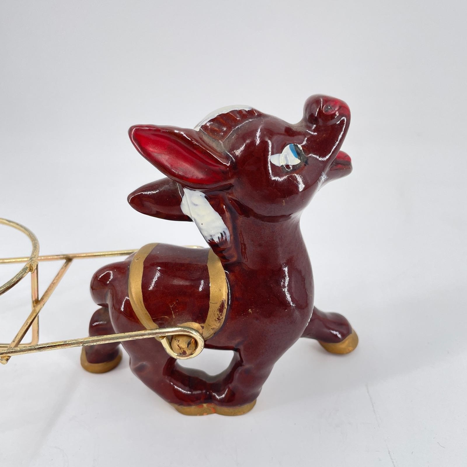 Vtg Ceramic Donkey Figurine Metal Basket Cart Salt Pepper Condiment Caddy