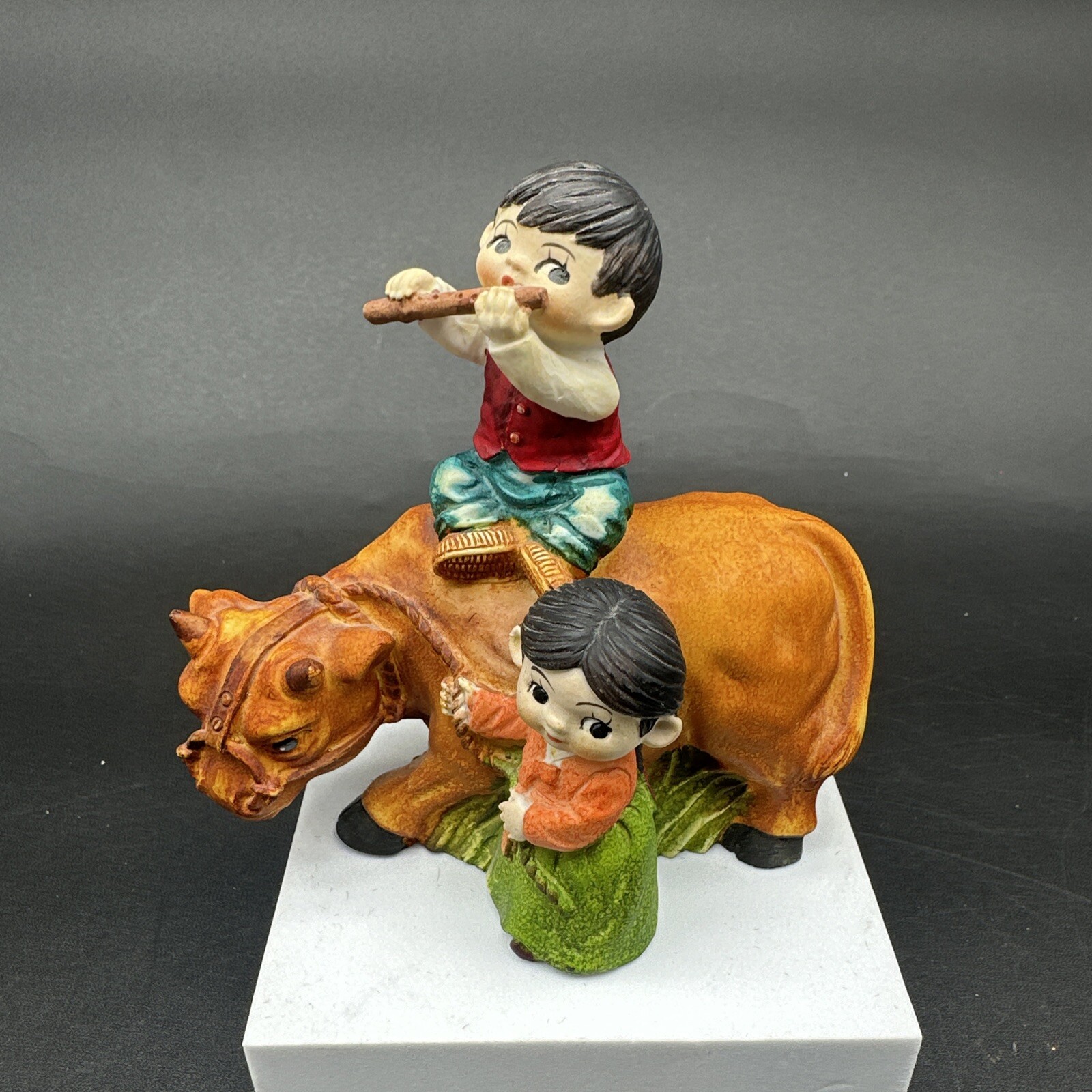 Vintage Koreart Hand Painted Korean Ox Flute Brother & Sister Figurine