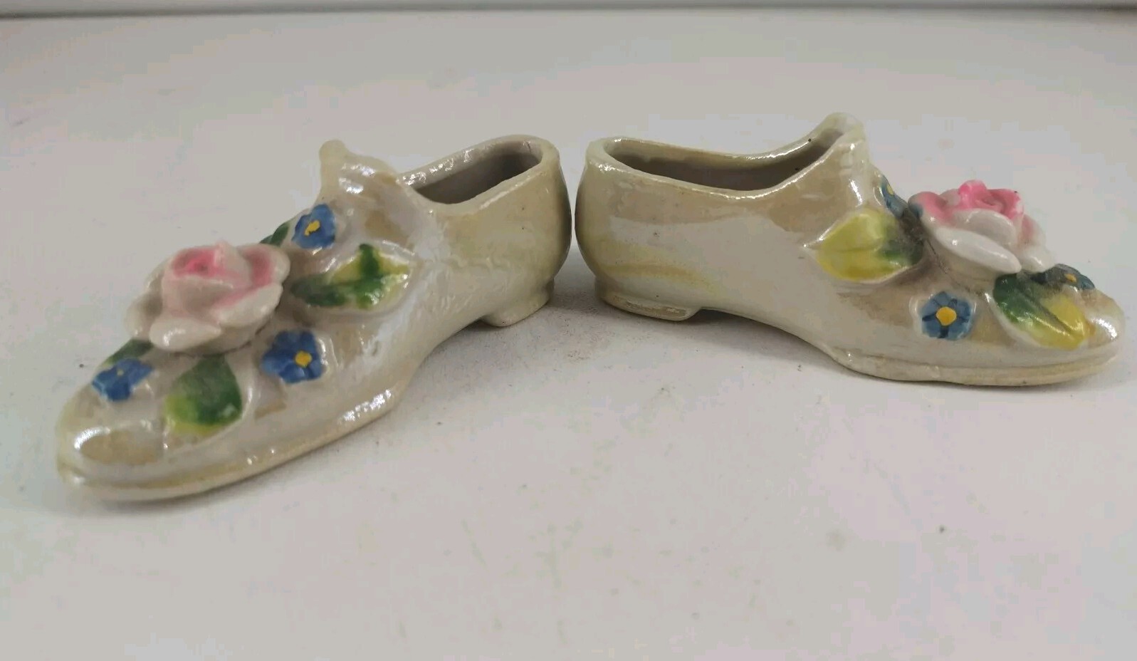 Vintage Porcelain Pink Rose Matching Shoes Japan Left & Right 2.75″ L