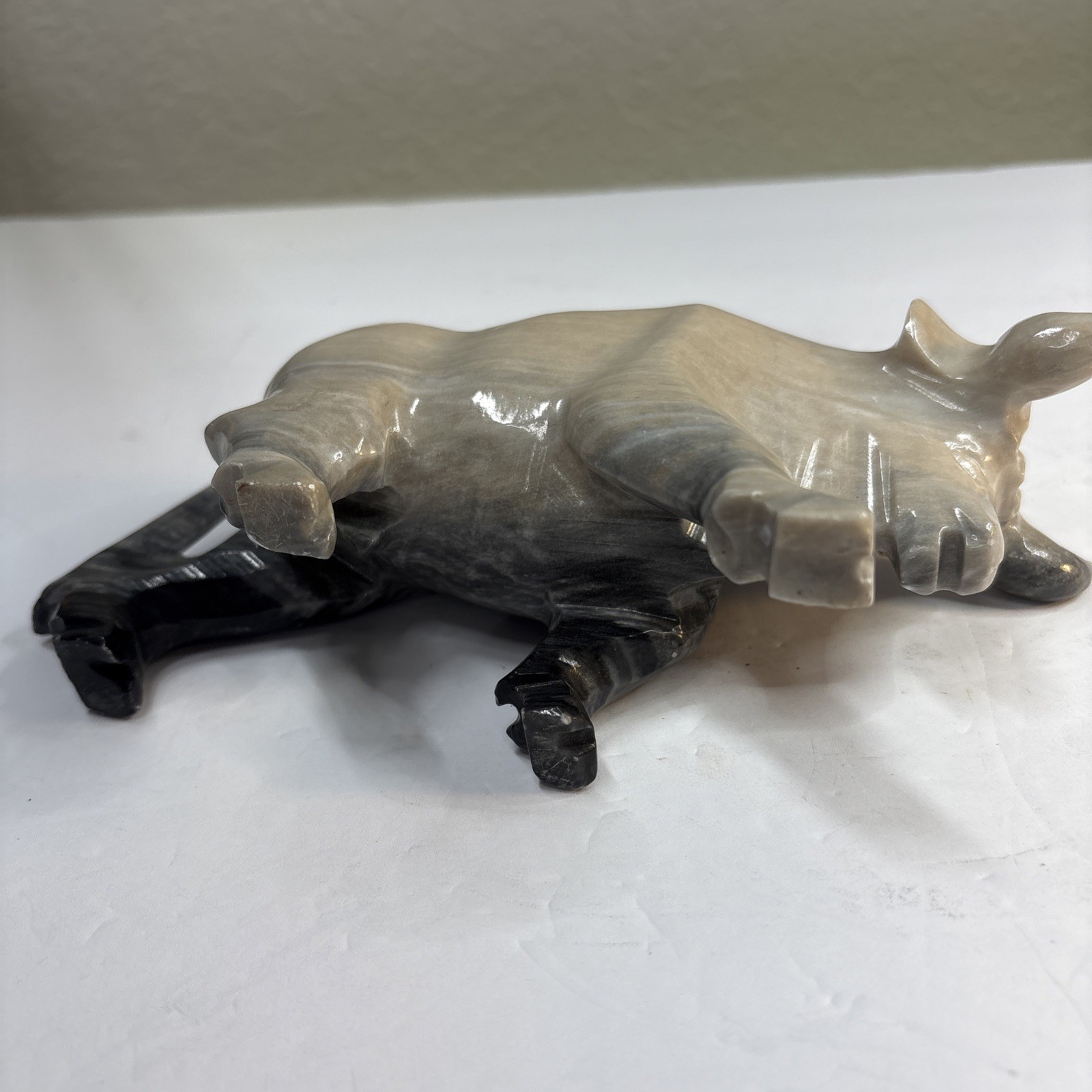 Vintage Marble Gray Black Rock Carved Bull Animal Figure Paperweight 7”