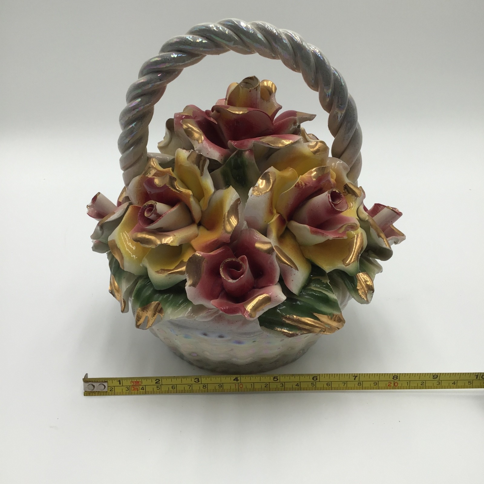 VINTAGE CAPODIMONTE MEDIUM SIZED PORCELAIN BOUQUET BASKET 9” x 8”