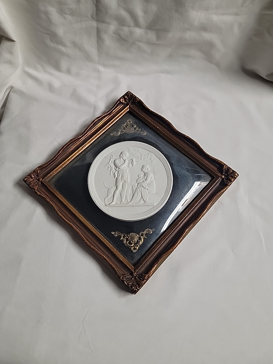 Royal Copenhagen 5.5″ Bisque Porcelain Autumn Wall Plaque Framed Curve Glass