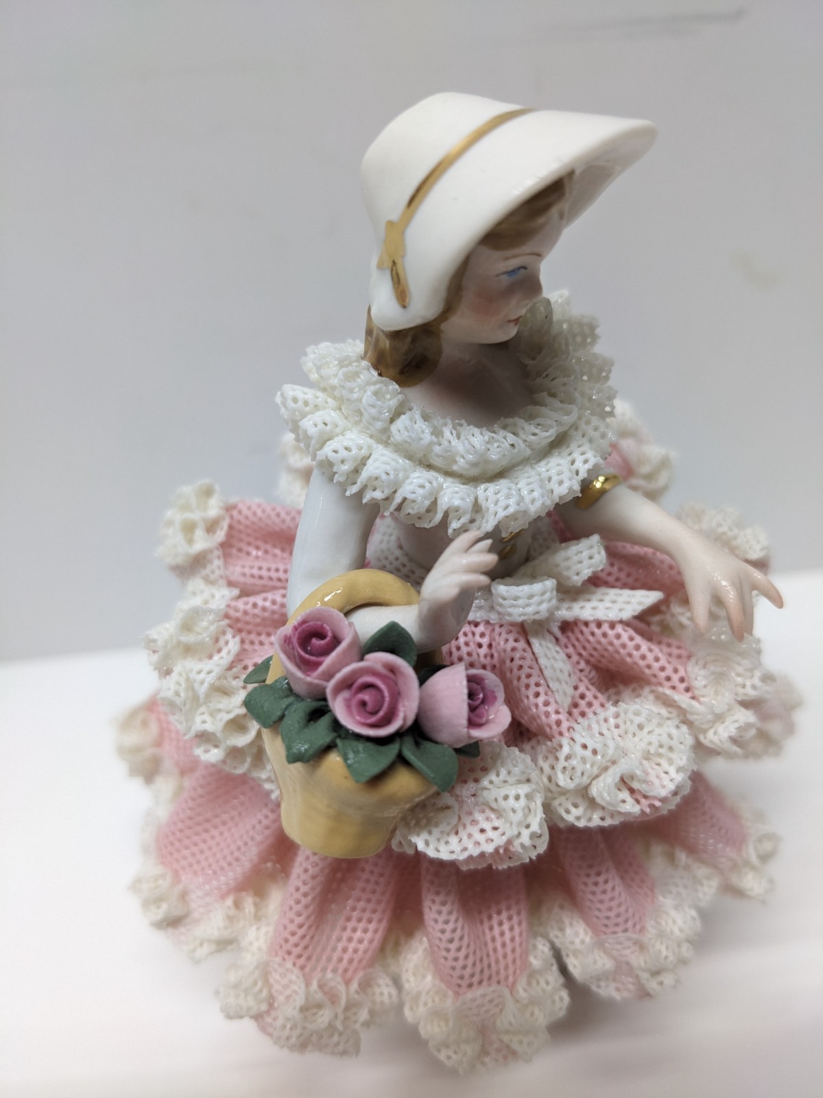 VTG Dresden Style Porcelain Lace Lady Figurine Pink Dress w/ Flower Basket