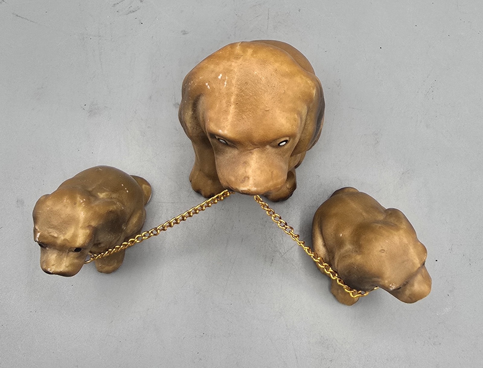 Vintage 1950s Porcelain Chained Dog, Cat, and Deer Family Figurine Sets