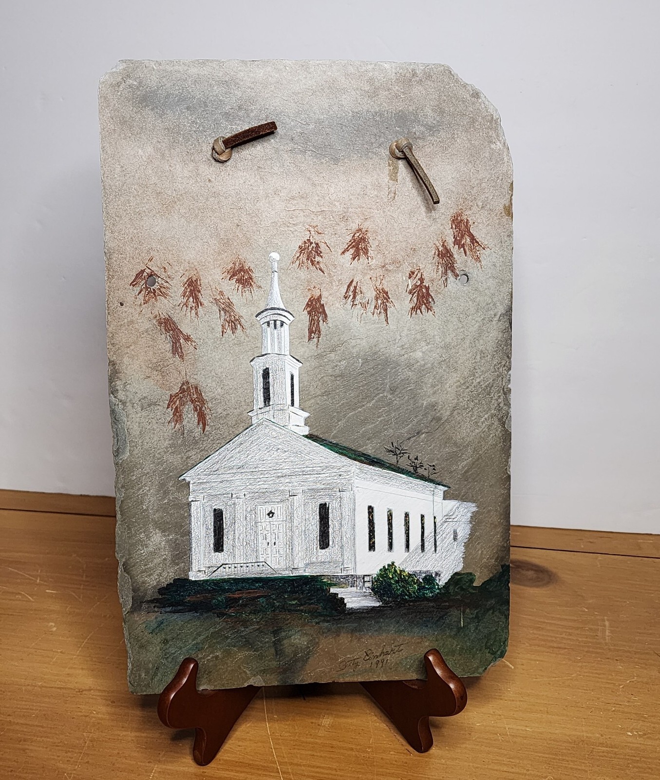 Menonite Church Pennsylvania Art Oil On Slate Painting Amish ’91 14 X 9