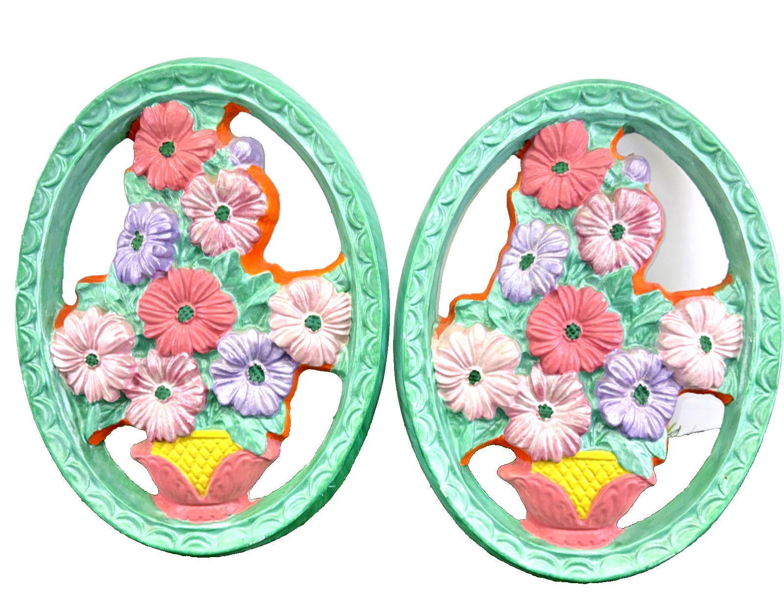 Vintage Chalkware Floral Wall Plaques Set 2 Syroco Style Pastel Flowers Retro