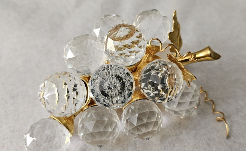 Vintage Swarovski Crystal Sparkling Fruit Grapes Cluster On 24K Gold Plated Stem