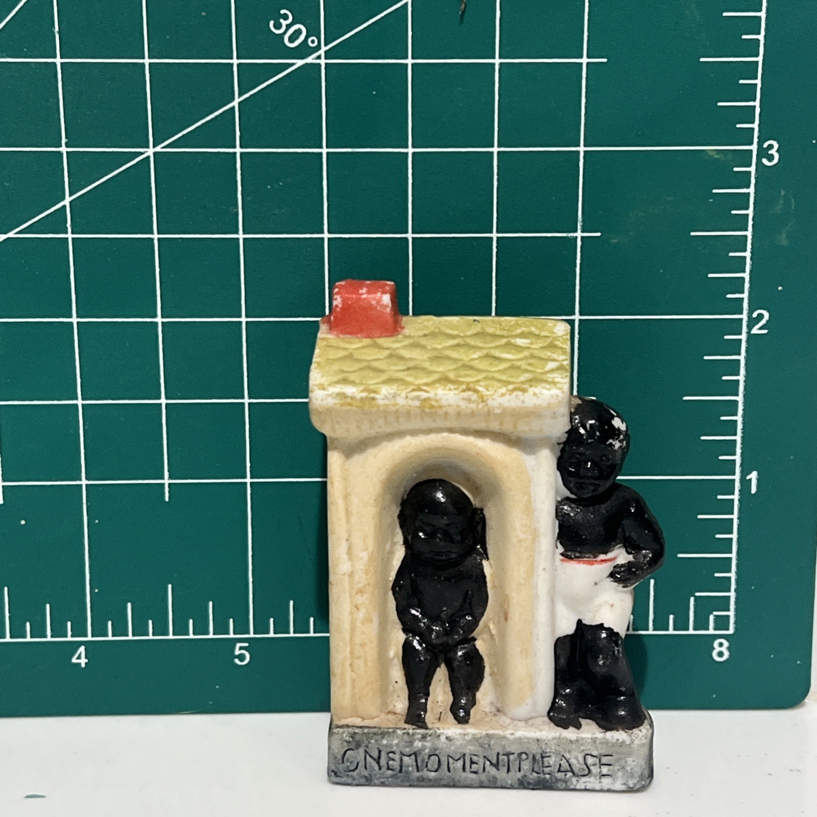 Ceramic Outhouse Figurine with Two People Small Beige Black Green Kids 3.75 in