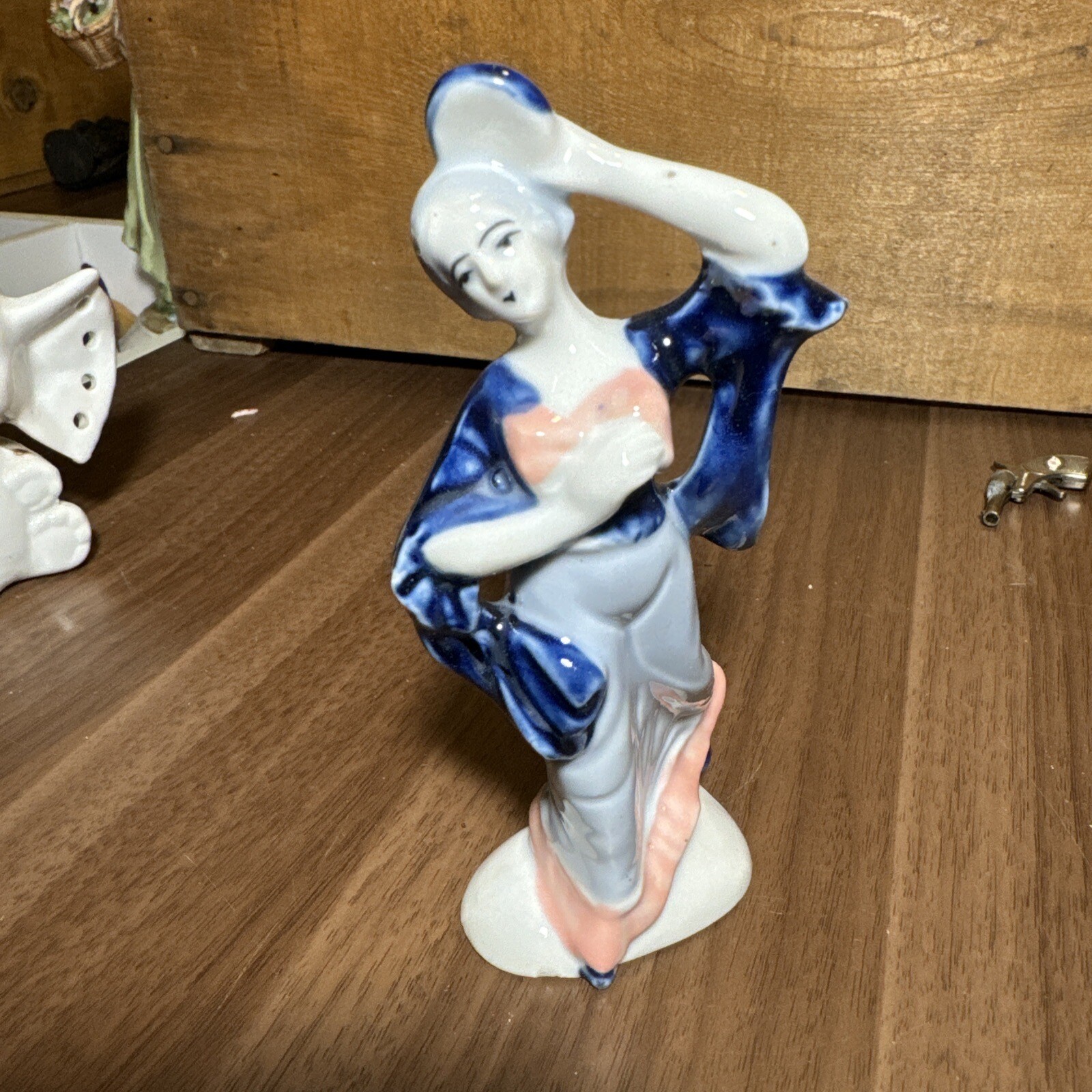 Dancing Lady with Tambourine Figurine 5.5″H x 2 7/8″W Blue, Pink & White