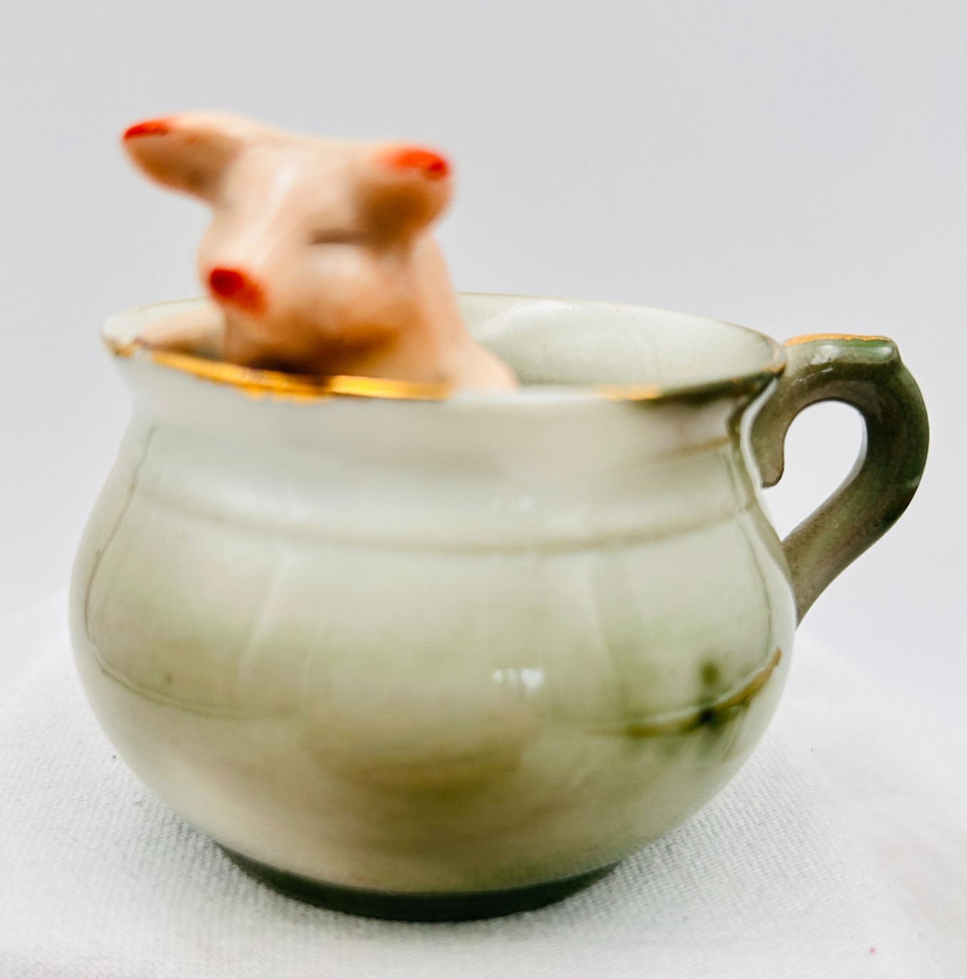 Antique Fairing German Porcelain Pink Pig In A Teacup Cup Figurine EUC