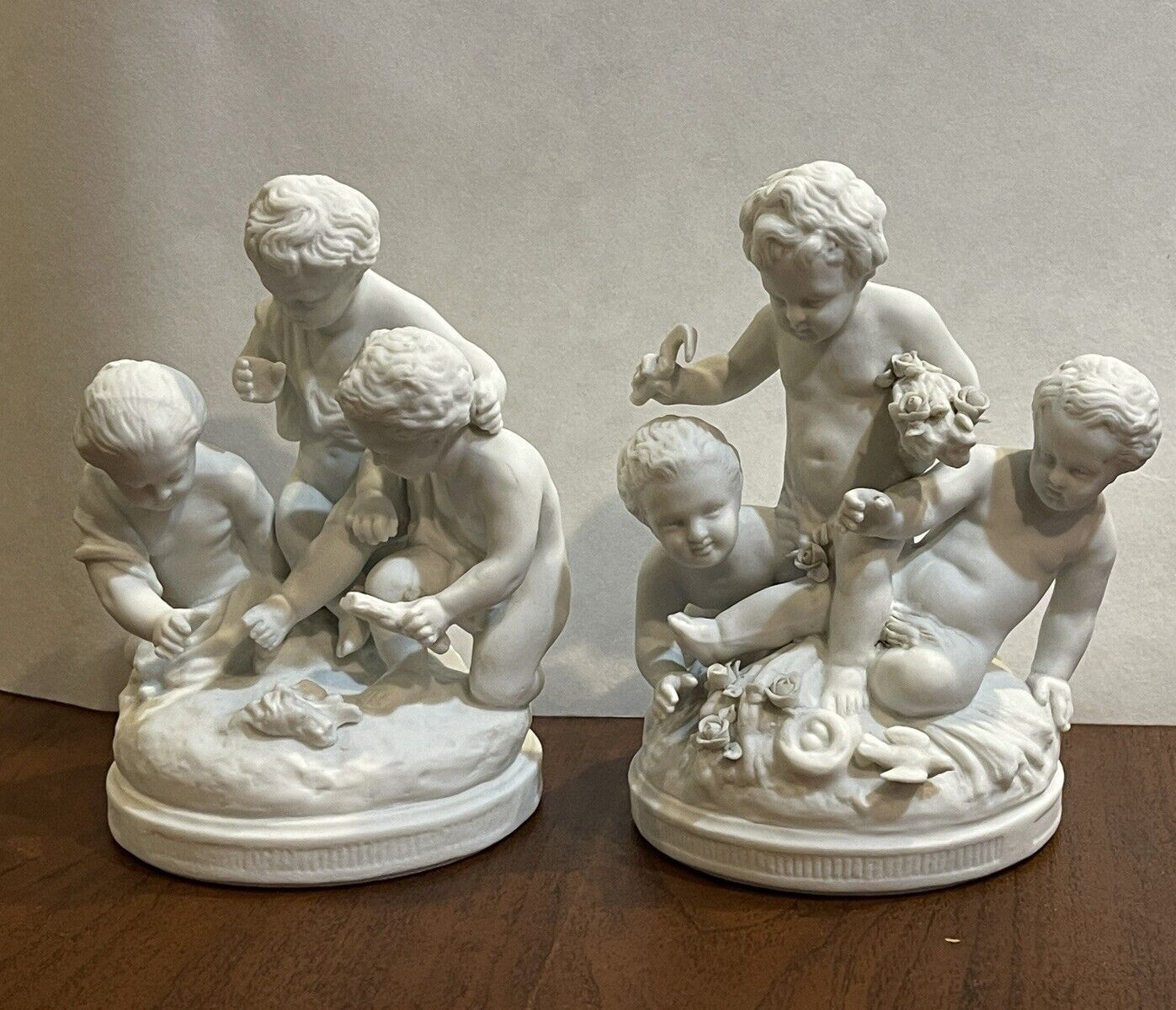 SEVRES Antique Original Signed Porcelain Bisque Figurine children putti stick
