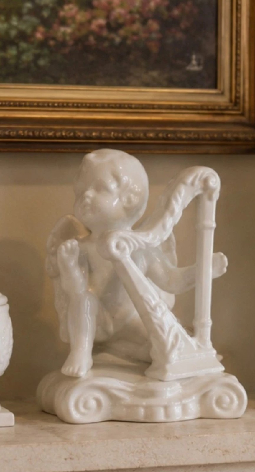 Stunning Vintage Ceramic Toddler Angel Playing A Harp w/Wind-Up Music Box/ Mint