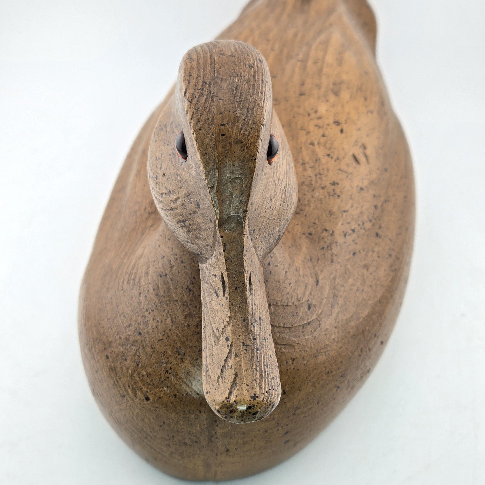 Vtg Molded Composite Resin Faux Wood Duck Decoy Figurine Brown Glass Eyes 14″