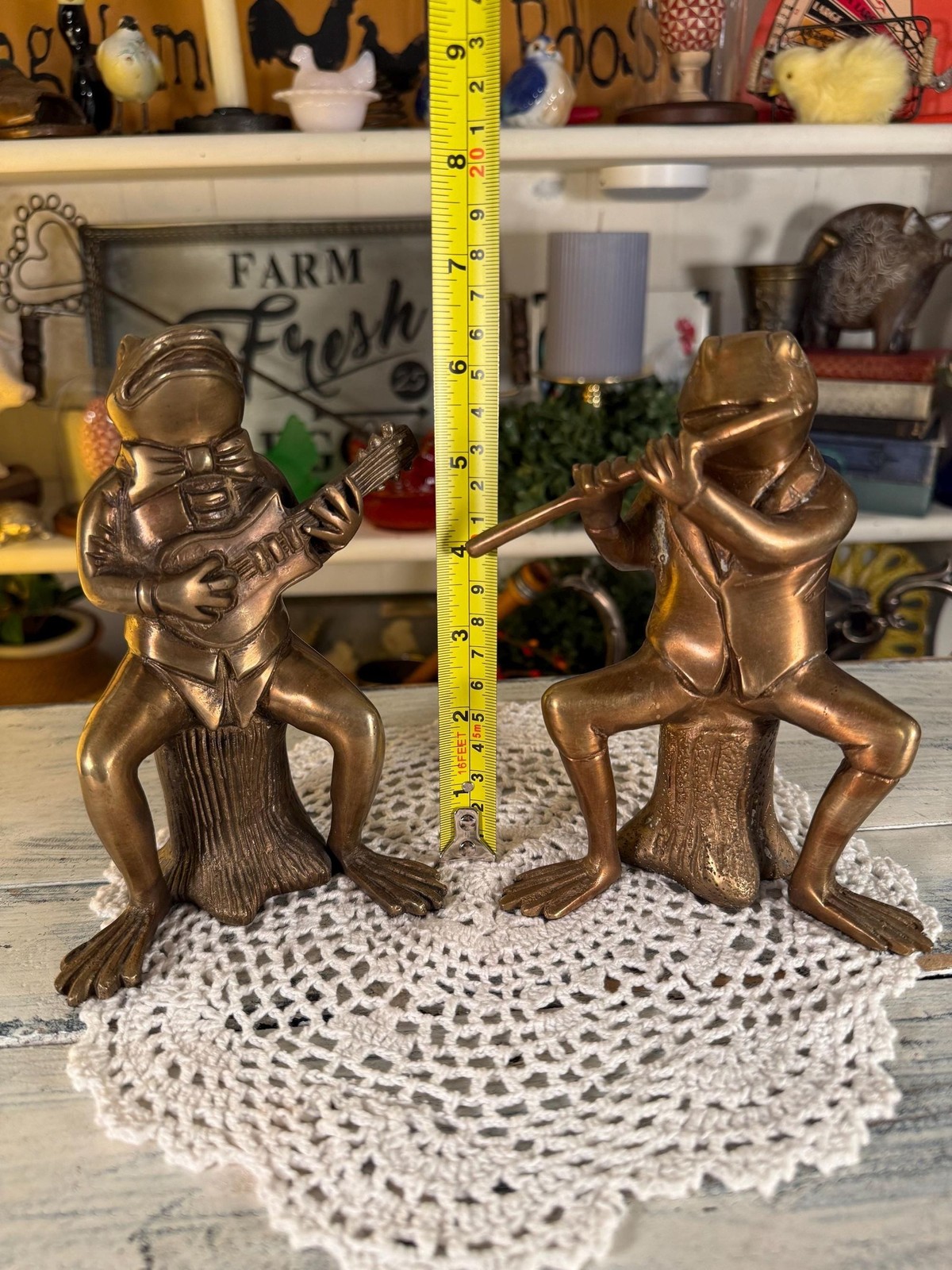 Vintage Brass Frog Musicians Figurines | Guitar Flute Band Decor