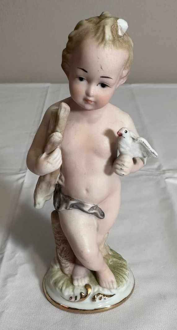 Vintage Victorian Style Cherub Figurine Bisque Angel Sculpture Peace Dove