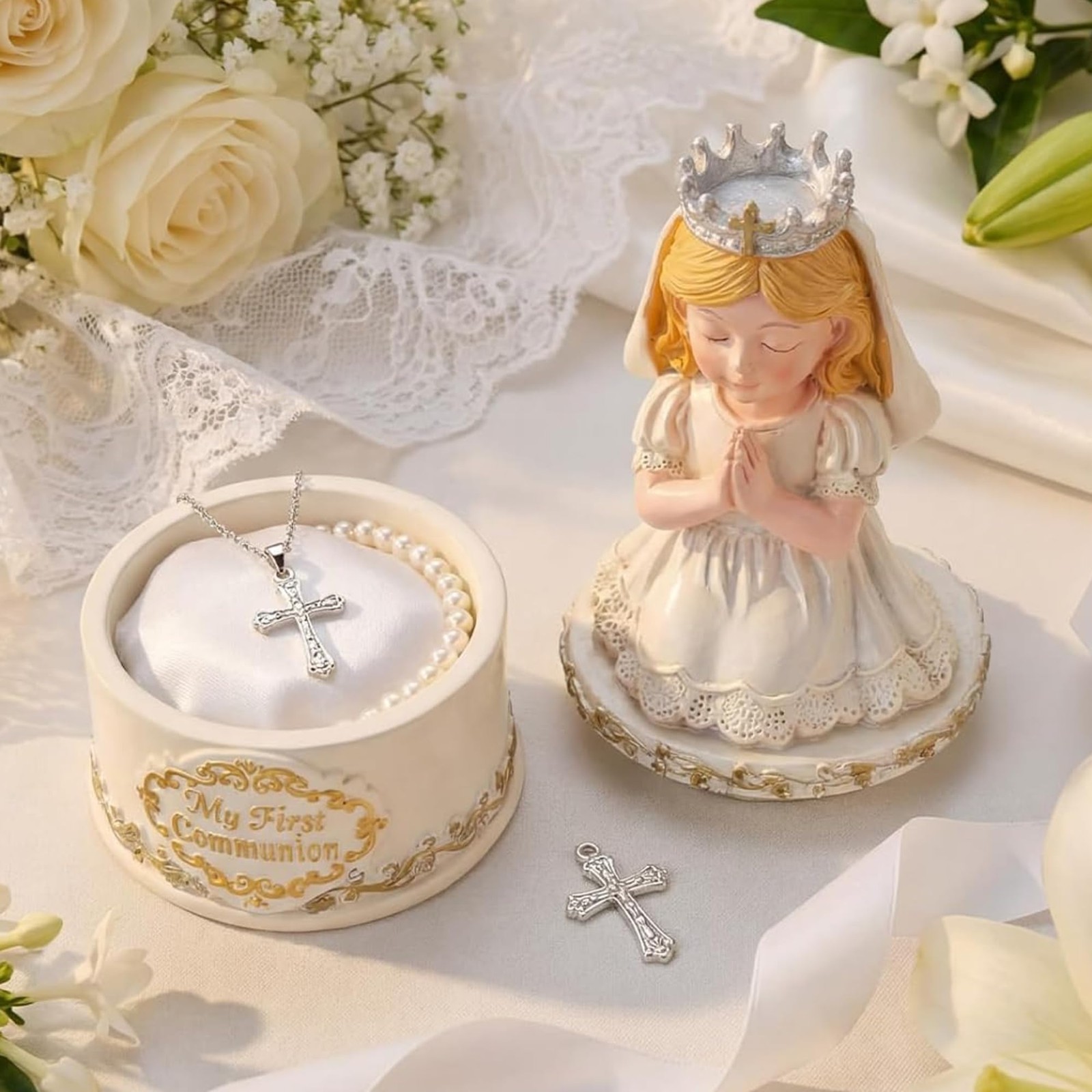 Catholic First Holy Girl Praying Figurine Resin Box Communion Gift 7.4 Inch