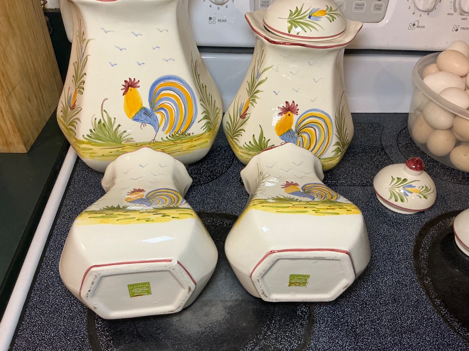 J. Willfred Sadek Hand Painted Ceramic Rooster Canister Set