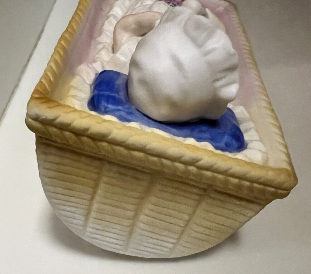Antique Piano Baby Bisque Porcelain Heubach Girl In Rocking Cradle 6.25”