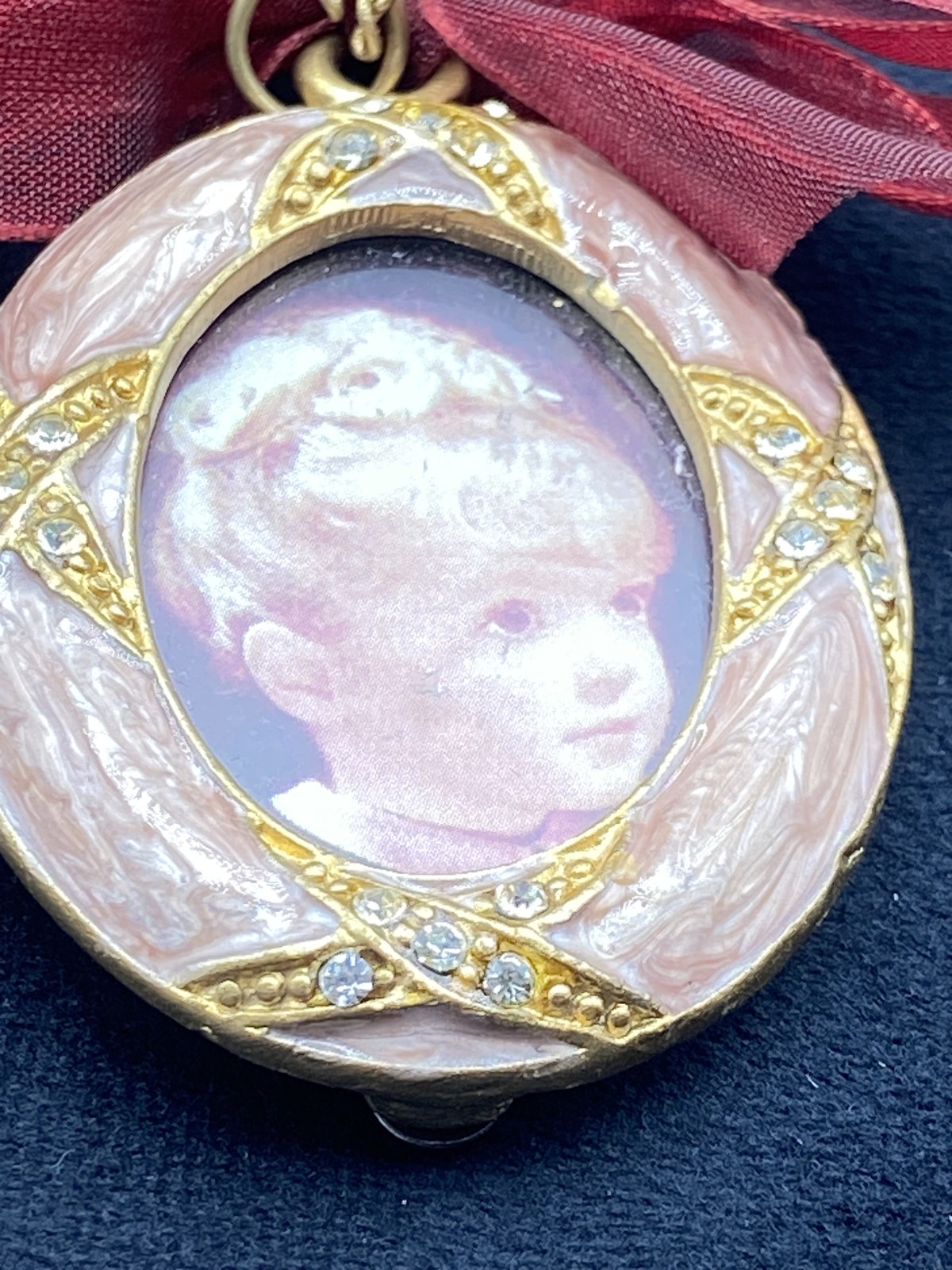 Vintage Victorian Portrait Ornament Gold Oval Bow Chain Crystals 1990s Decor