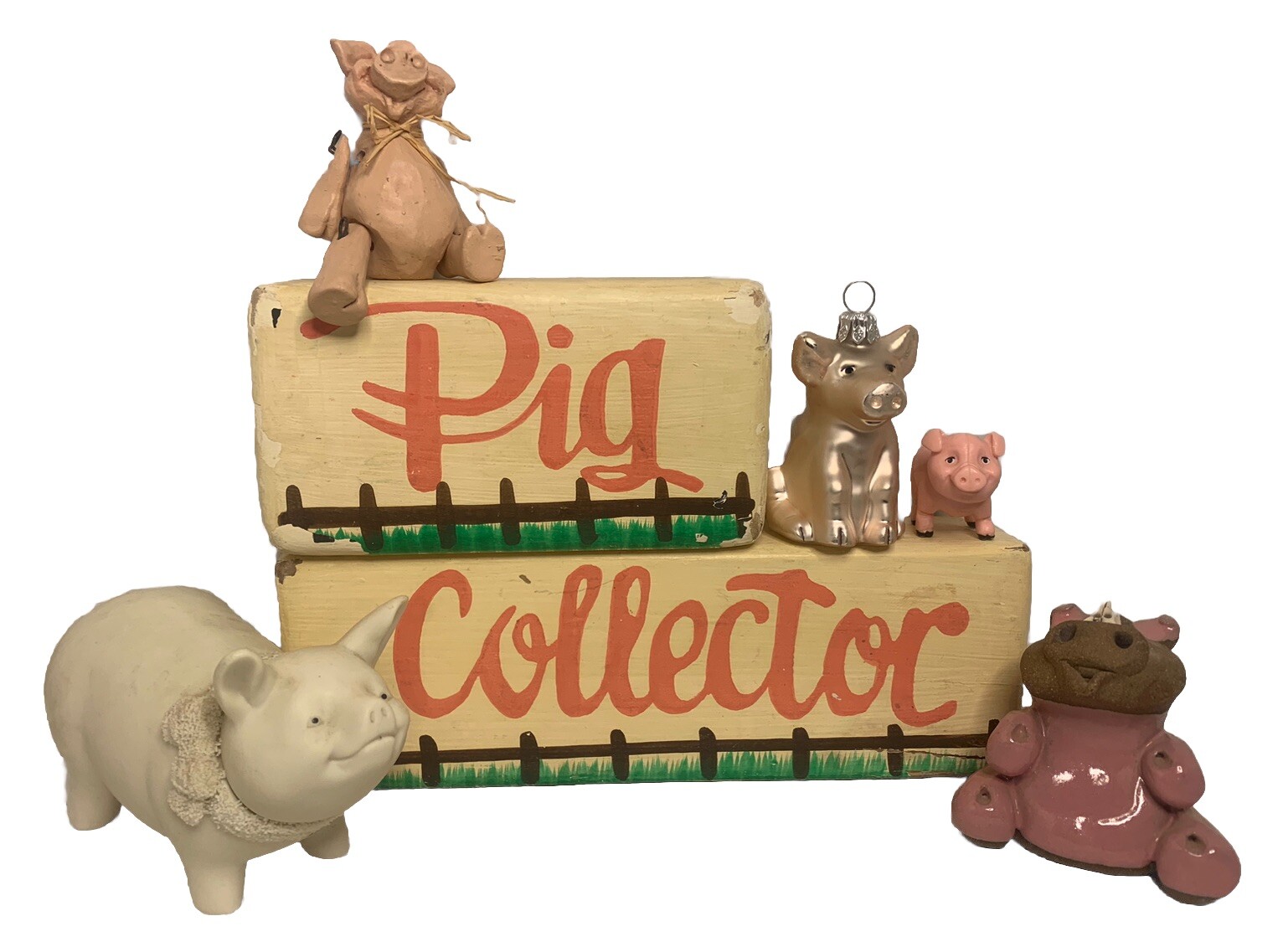 Pig Figurine Lot/Handcrafted Clay,Mercury Glass Ornament,Resin Sitter,Dept56 Pig